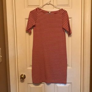 Orange and cream stripped knee length dress.